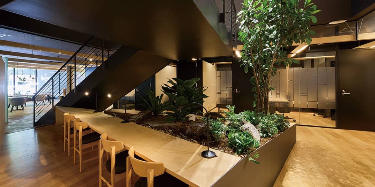木質の共用デスクと植栽が配置されたCosmoSketchのオフィス内観