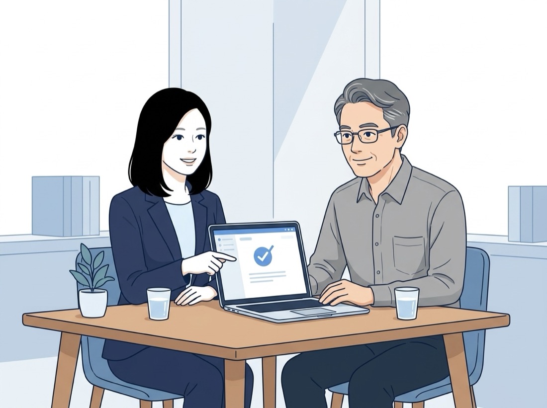 経営者とCosmoSketchの担当者が、オンラインでリラックスして無料相談している様子のイラスト