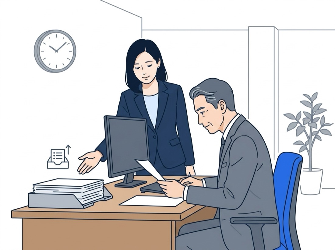 既存業務に追われ、新規開拓のリスト作成や追客が後回しになり、時間が足りず困っている中小企業の経営者のイラスト
