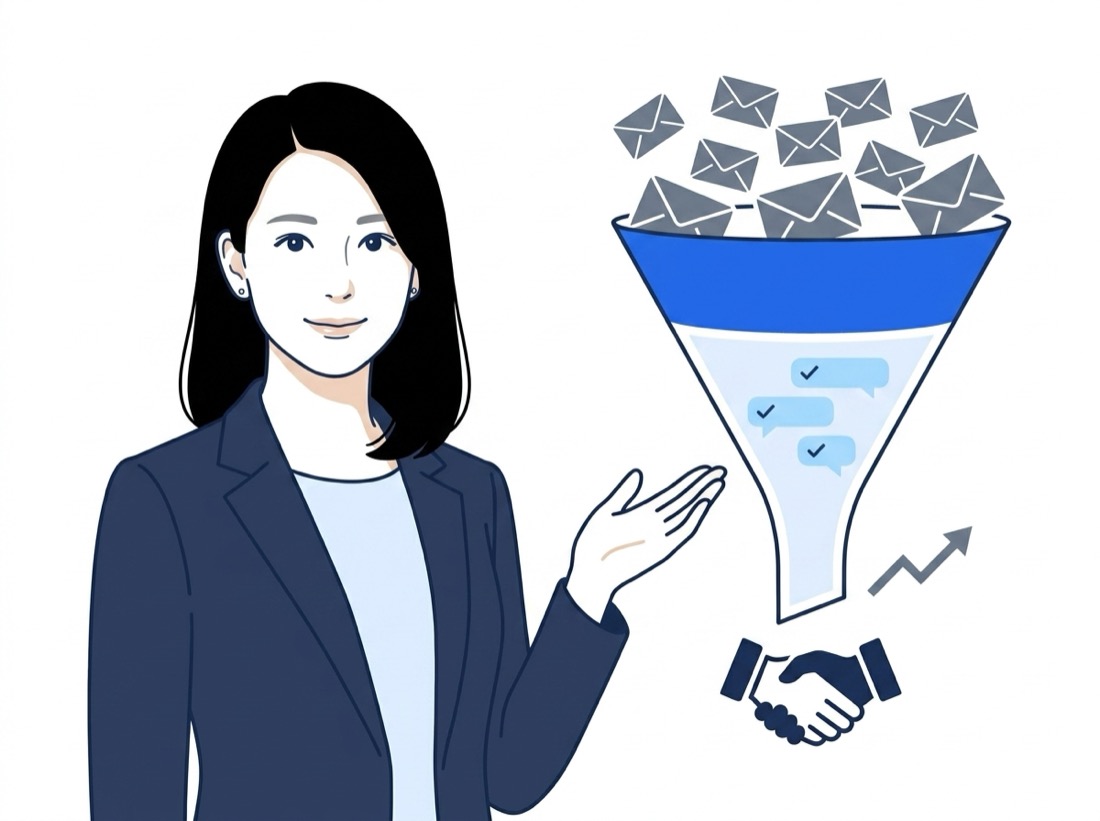 多くの送信メールから関心ありの返信が生まれ、商談化につながる営業ファネルのイラスト