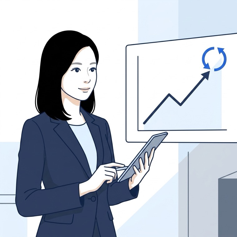 返信や反応のデータを分析し、次回のターゲットや文面を継続的に改善していくイラスト