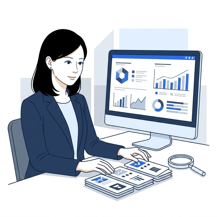 虫めがねで複数の企業を調べ、条件に合う候補企業を整理して営業リストにまとめるイラスト