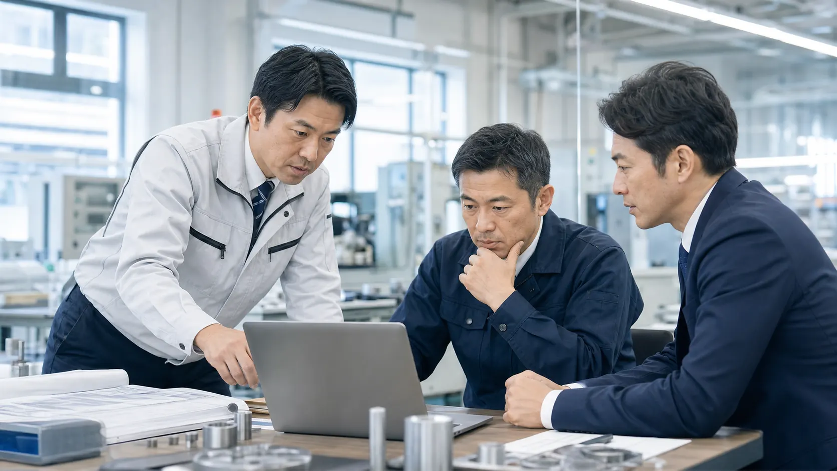 製造現場で新規営業の課題を検討する担当者たち