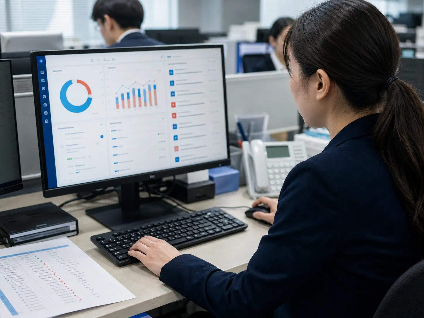 業務ダッシュボードを確認しながらAI支援の運用を進める担当者