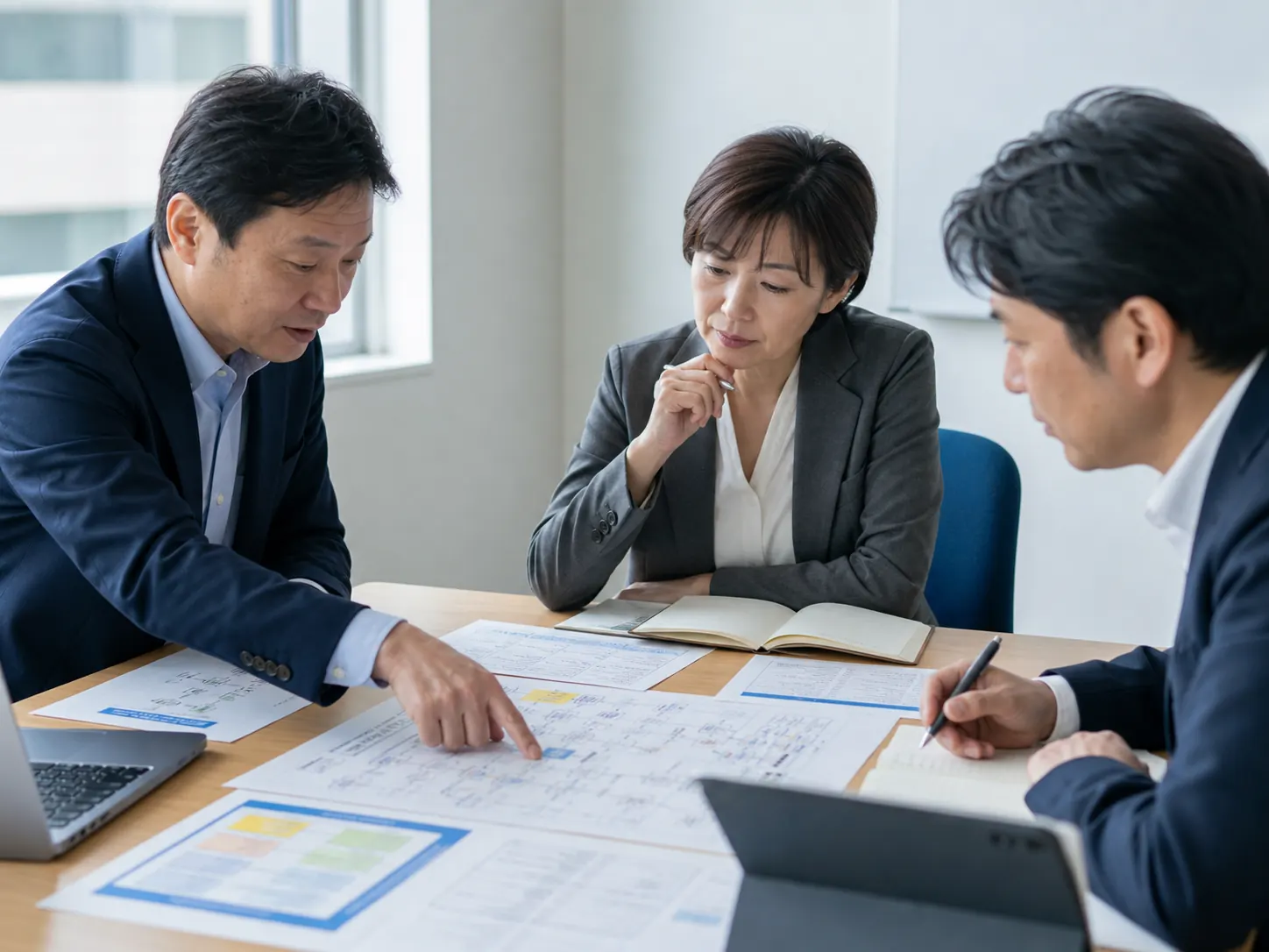 業務資料を囲み、現場の課題と目指す姿を丁寧に確認するチーム